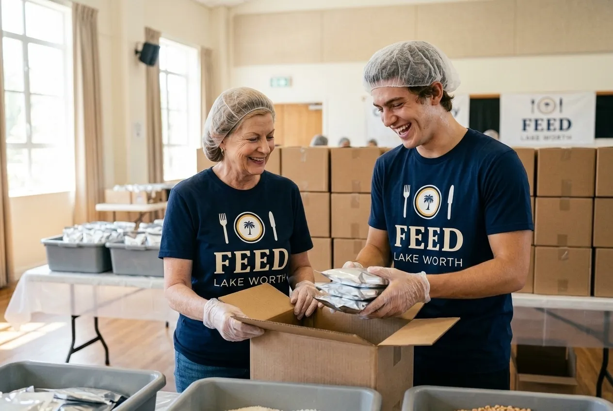Two Feed Lake Worth volunteers laughing as they box sealed meal pouches