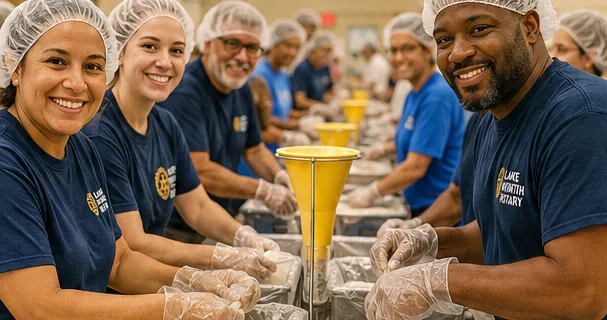 Volunteers packing meals at a Rotary meal-packing event